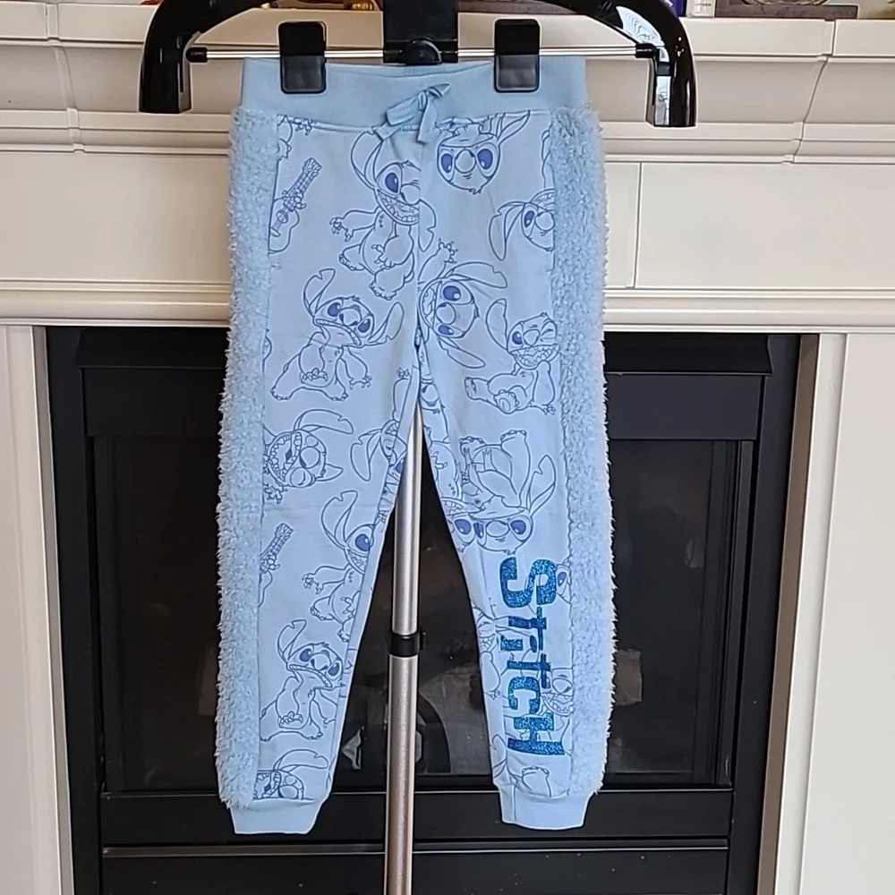 DISNEY STITCH SWEATPANTS GIRLS XS(4/5) BLUE SHERPA(Side) New